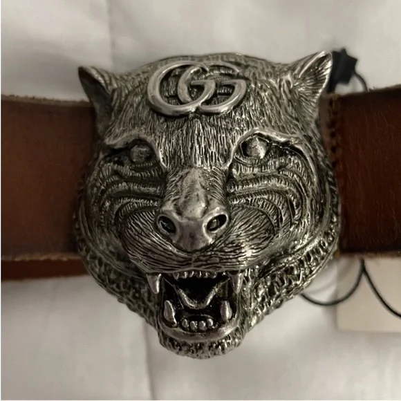 New Gucci Brown Leather Belt with silver Tiger Head Buckle - Picture 7 of 11